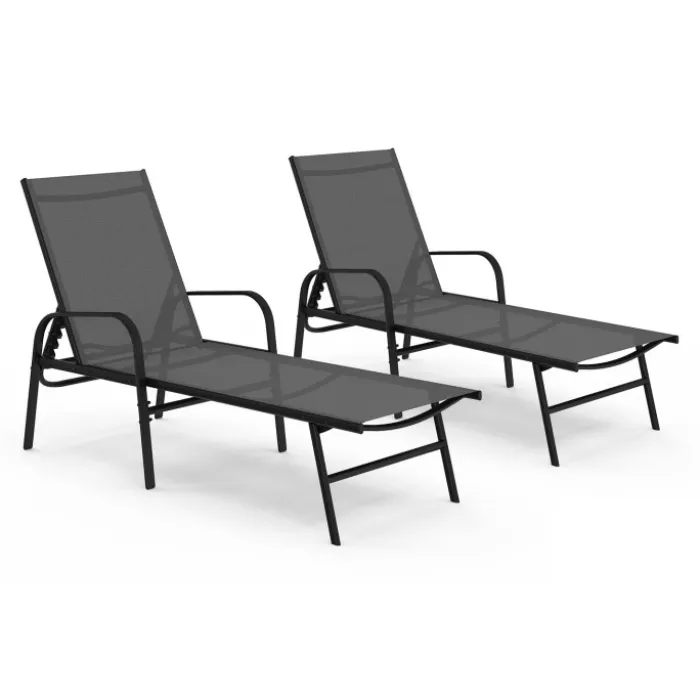 Lot de 2 transats inclinables pour jardin en acier noir et toile grise
