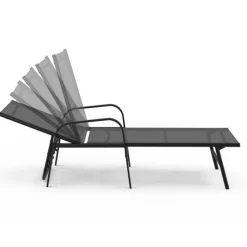 Lot de 2 transats inclinables pour jardin en acier noir et toile grise