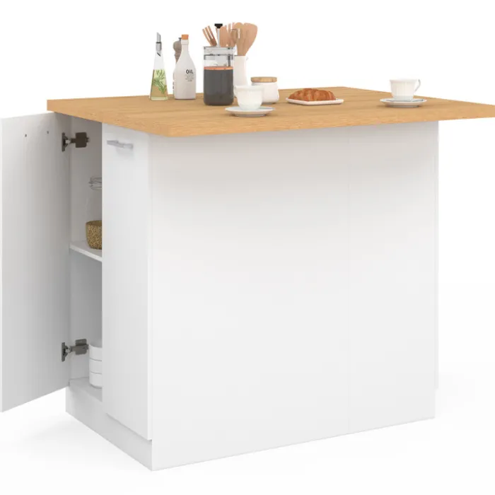 Îlot de cuisine blanc et plateau façon hêtre 100 cm