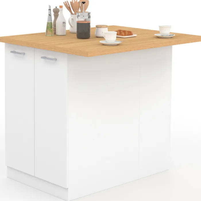 Îlot de cuisine blanc et plateau façon hêtre 100 cm