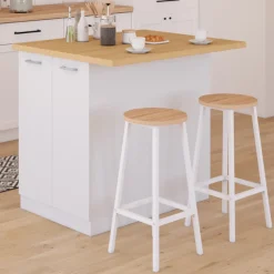 Îlot de cuisine blanc et plateau façon hêtre 100 cm