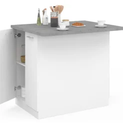 Îlot de cuisine blanc et plateau façon béton