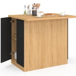 Îlot de cuisine imitation hêtre avec 4 portes noires 100 cm