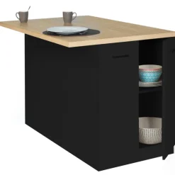 Îlot de cuisine noir et plateau façon hêtre 120 cm