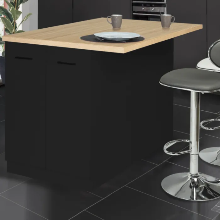 Îlot de cuisine noir et plateau façon hêtre 120 cm