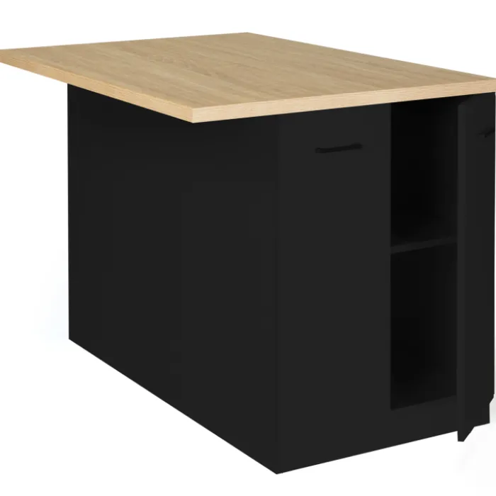 Îlot de cuisine noir et plateau façon hêtre 120 cm