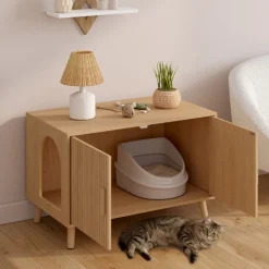 Maison de toilette chat cache-litière avec doubles portes lattes tasseau bois coloris chêne