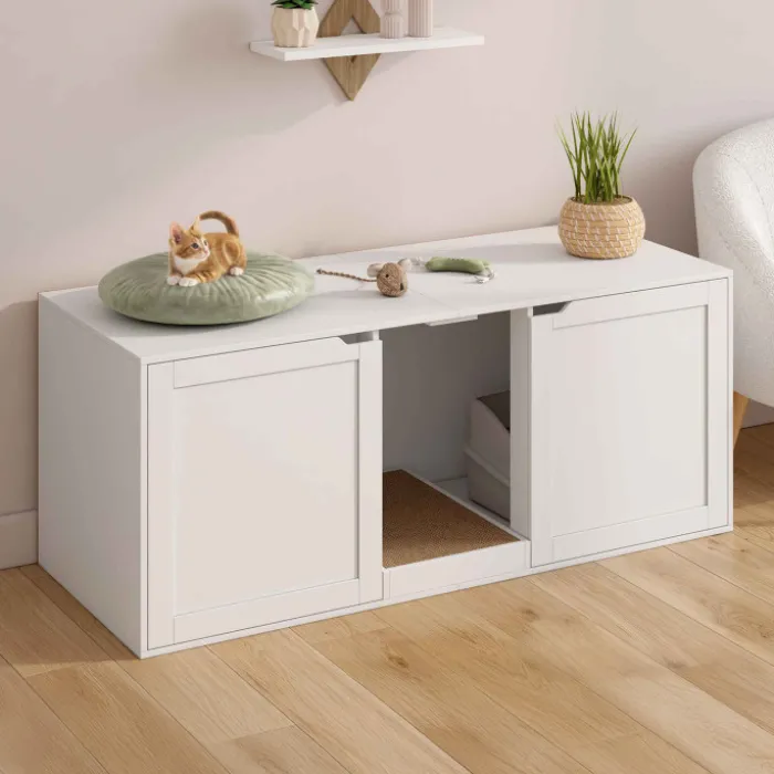 Maison de toilette chat XL cache-litière 2 portes et griffoir bois blanc