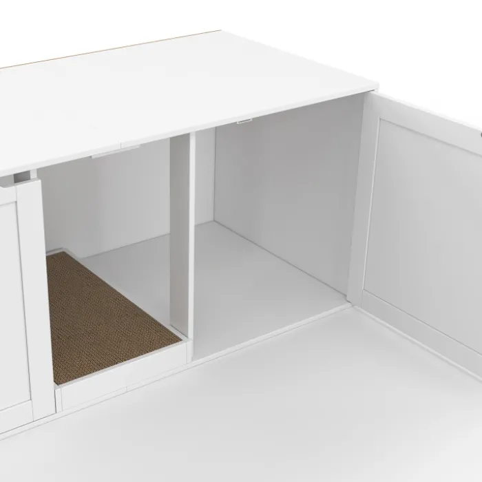 Maison de toilette chat XL cache-litière 2 portes et griffoir bois blanc