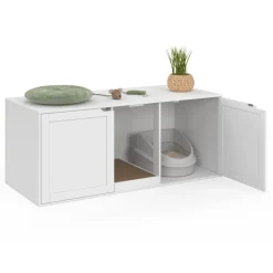 Maison de toilette chat XL cache-litière 2 portes et griffoir bois blanc