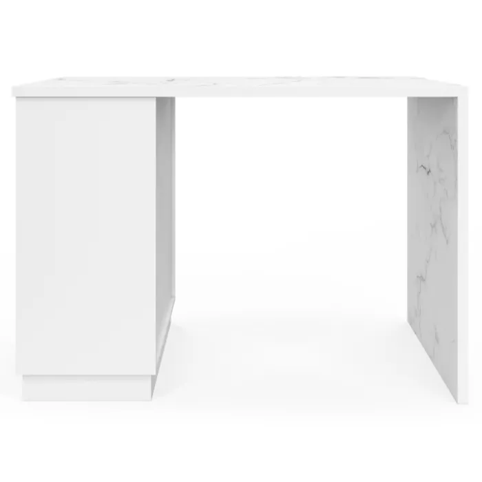Mange-debout 4 personnes ilot central blanc et plateau marbre 130 cm