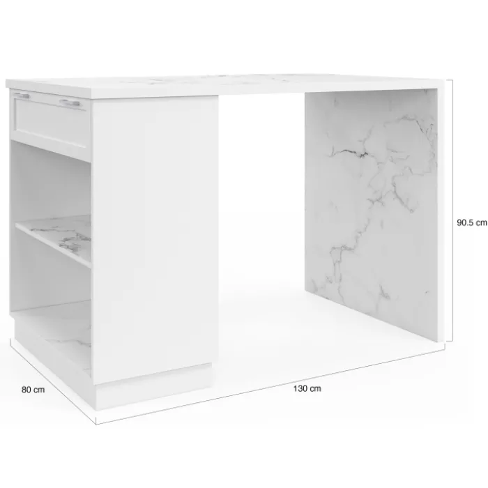 Mange-debout 4 personnes ilot central blanc et plateau marbre 130 cm