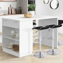 Mange-debout 4 personnes ilot central blanc et plateau marbre 130 cm