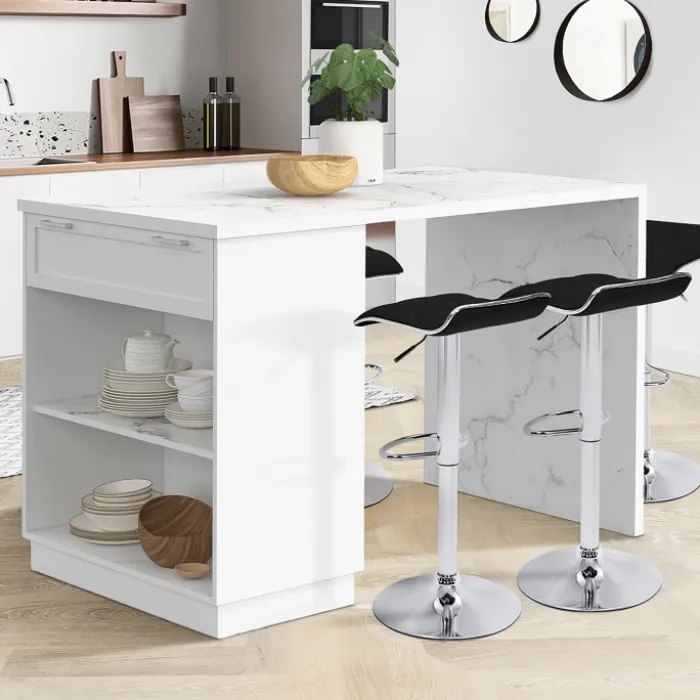 Mange-debout 4 personnes ilot central blanc et plateau marbre 130 cm