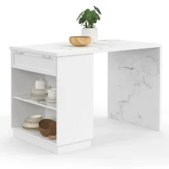 Mange-debout 4 personnes ilot central blanc et plateau marbre 130 cm