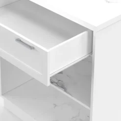 Mange-debout 4 personnes ilot central blanc et plateau marbre 130 cm