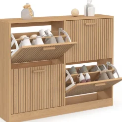 Meuble à chaussures 20 paires 4 portes lattes tasseau bois coloris chêne