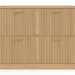 Meuble à chaussures 20 paires 4 portes lattes tasseau bois coloris chêne