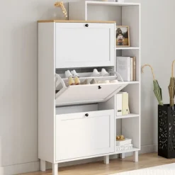 Meuble à chaussures 18 paires ACHILLE 3 portes blanc et plateau bois avec étagère