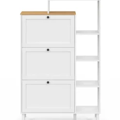 Meuble à chaussures 18 paires ACHILLE 3 portes blanc et plateau bois avec étagère
