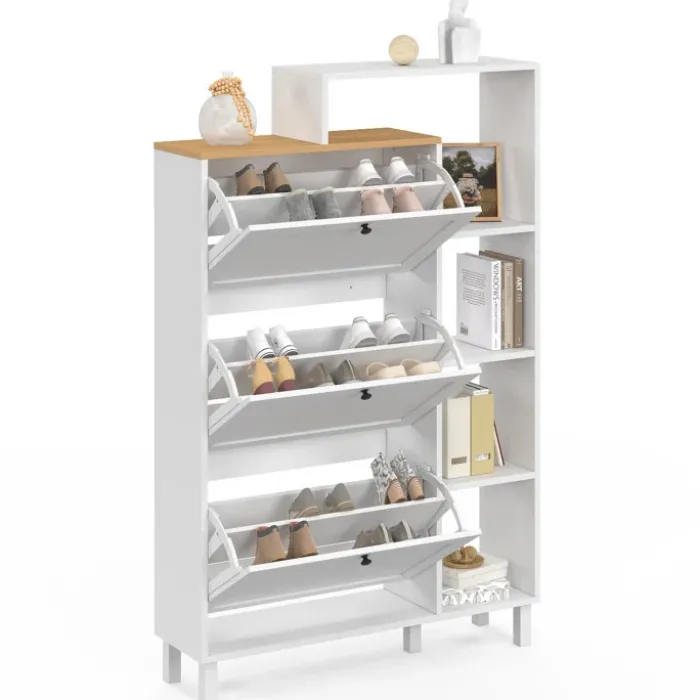 Meuble à chaussures 18 paires ACHILLE 3 portes blanc et plateau bois avec étagère