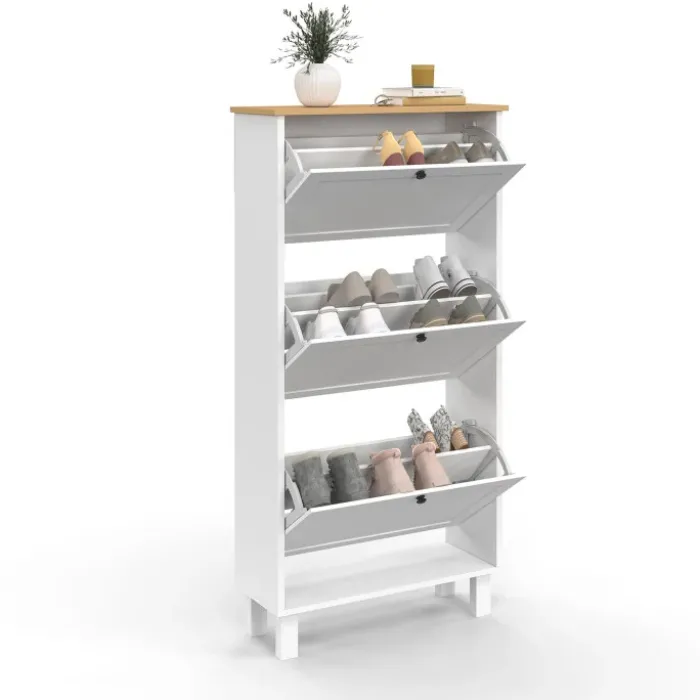 Meuble à chaussures 18 paires blanc et bois 3 portes