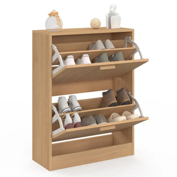 Meuble à chaussures 12 paires 2 portes lattes bois coloris chêne