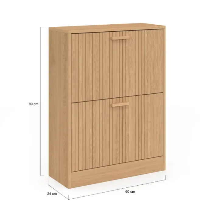 Meuble à chaussures 12 paires 2 portes lattes bois coloris chêne