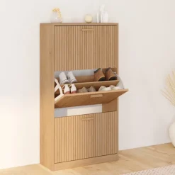Meuble à chaussures 18 paires 3 portes tasseau bois coloris chêne