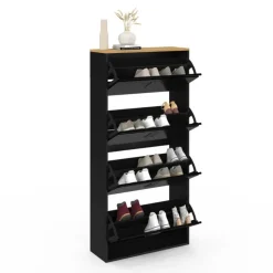 Meuble à chaussures 24 paires 4 portes métal noir et plateau bois design industriel
