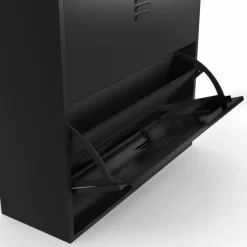 Meuble à chaussures 24 paires 4 portes métal noir et plateau bois design industriel