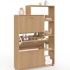 Meuble à chaussures 18 paires 3 portes avec étagères lattes tasseau bois coloris chêne