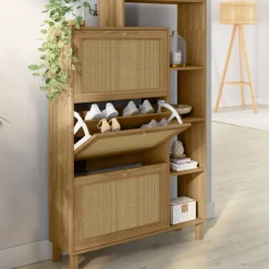 Meuble à chaussures 18 paires 3 portes effet naturel cannage avec étagère