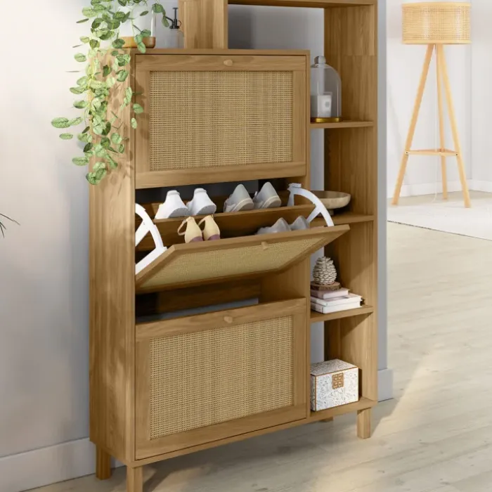 Meuble à chaussures 18 paires 3 portes effet naturel cannage avec étagère