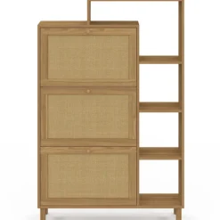 Meuble à chaussures 18 paires 3 portes effet naturel cannage avec étagère