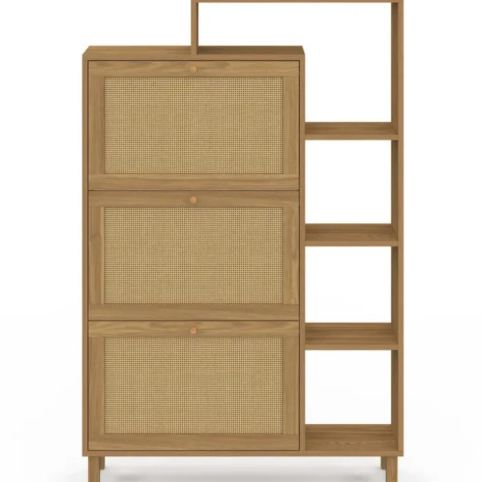 Meuble à chaussures 18 paires 3 portes effet naturel cannage avec étagère