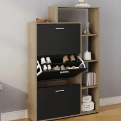 Meuble à chaussures 3 portes noires avec étagères