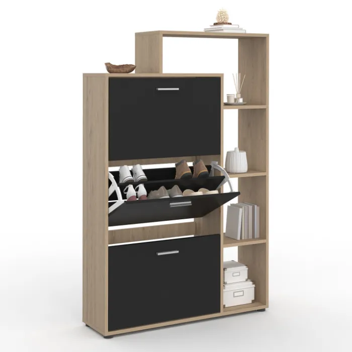 Meuble à chaussures 3 portes noires avec étagères