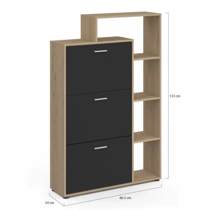 Meuble à chaussures 3 portes noires avec étagères