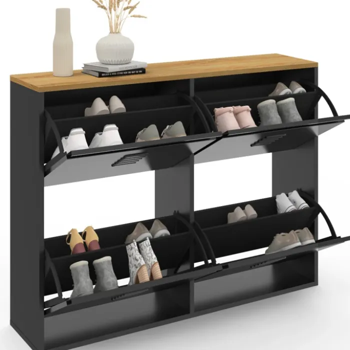 Meuble à chaussures industriel 20 paires 4 portes métalliques plateau bois