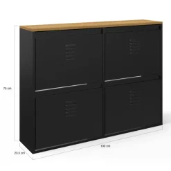 Meuble à chaussures industriel 20 paires 4 portes métalliques plateau bois