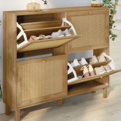 Meuble à chaussures 20 paires et 4 portes vintage effet naturel cannage