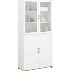Meuble armoire colonne salle de bain VITO 4 portes dont 2 vitrées blanc et bois