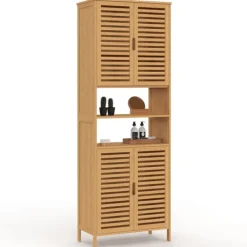 Meuble armoire colonne salle de bain 4 portes et 2 niches bambou