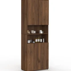 Meuble armoire colonne salle de bain 4 portes 2 niches effet noyer
