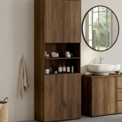 Meuble armoire colonne salle de bain 4 portes 2 niches effet noyer