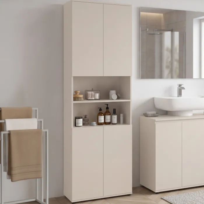Meuble armoire colonne salle de bain 4 portes 2 niches bois beige