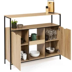 Meuble bar industriel en bois et métal avec portes et étagères