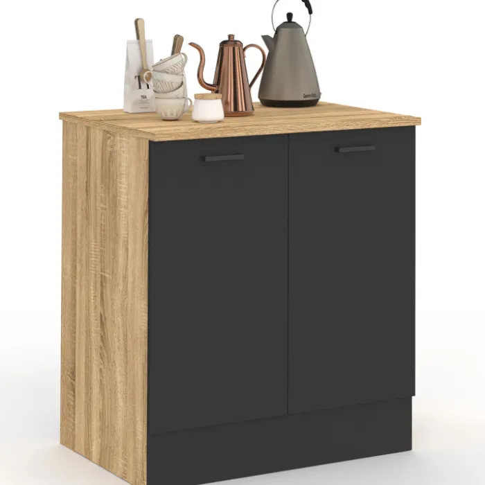 Meuble bas de cuisine 80 cm appoint 2 portes bois et noir