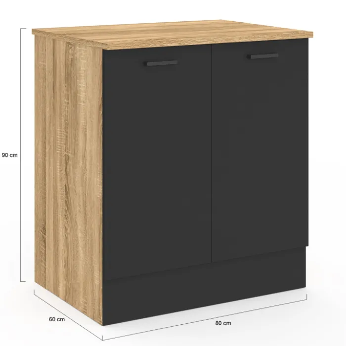 Meuble bas de cuisine 80 cm appoint 2 portes bois et noir